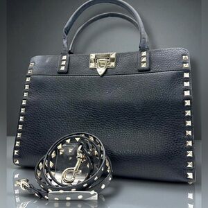 RARE VALENTINO GARAVANI Rockstud Handle Shoulder Bag 2-Way Black Pebbled Leather
